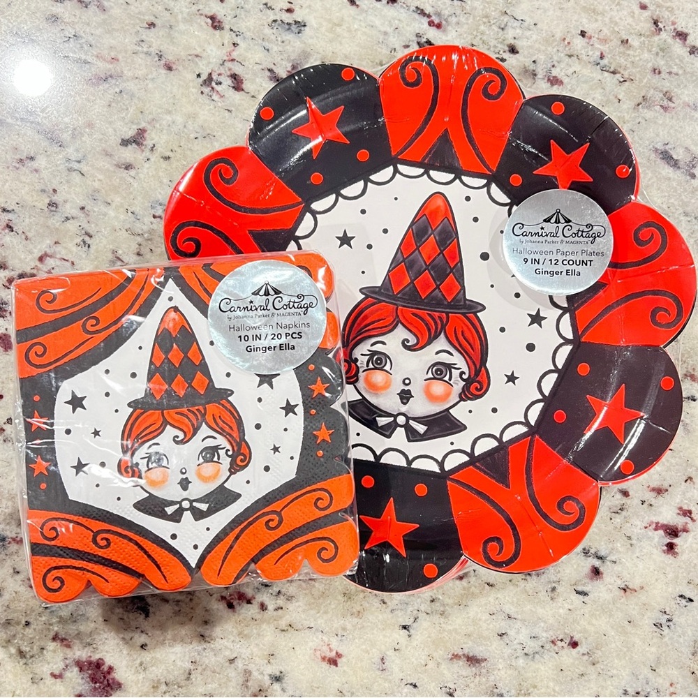 Johanna Parker Carnival Cottage Ginger Ella witch disposable plates and napkins